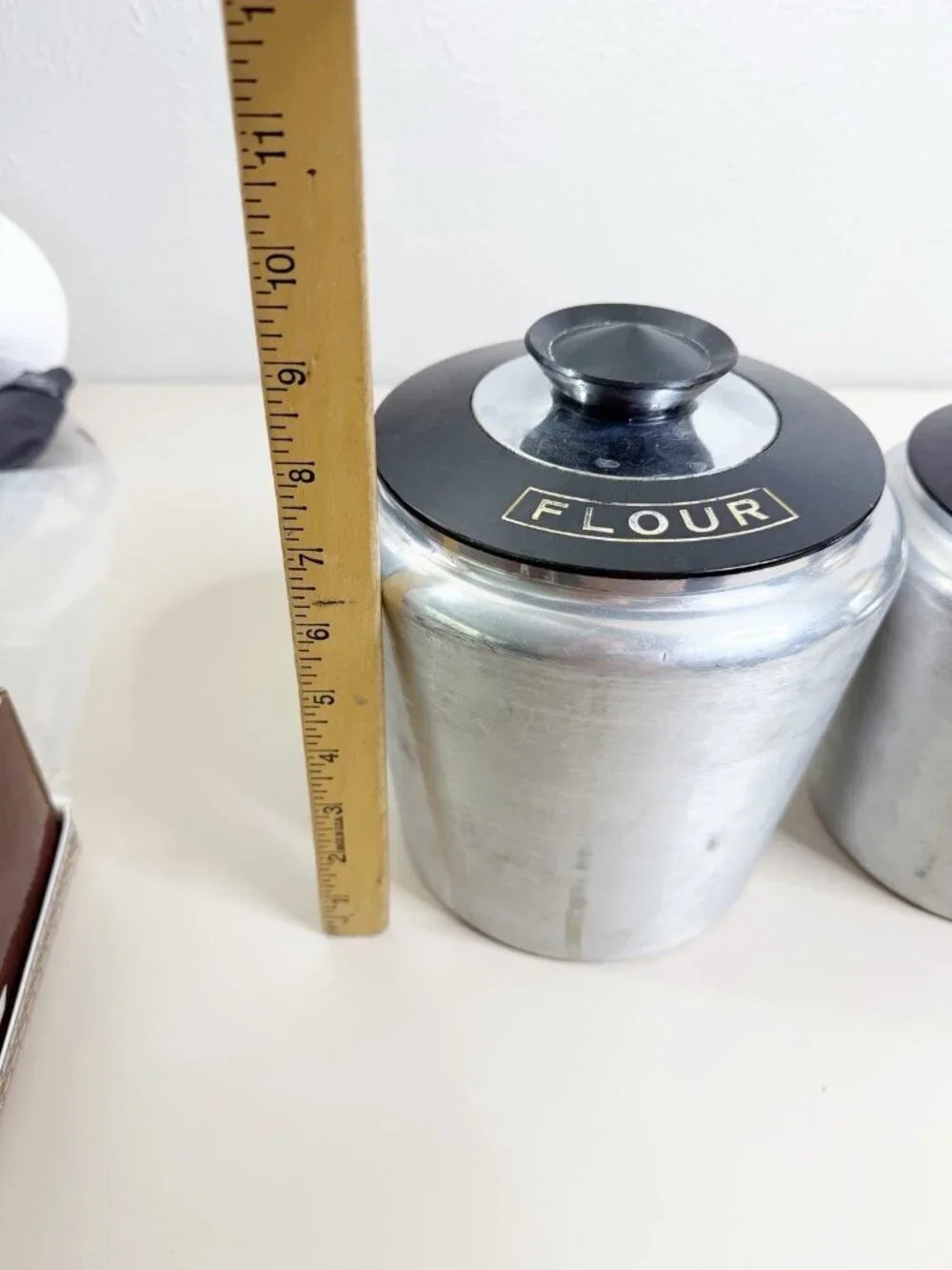 Vintage Kromex Aluminum Canister Set of 4 Flour Sugar Coffee Tea Black Lids EUC